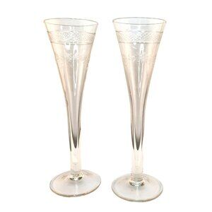 Vintage Crystal Etched Champagne Flutes Set Of 2 With Floral & Diamond Cut Desig